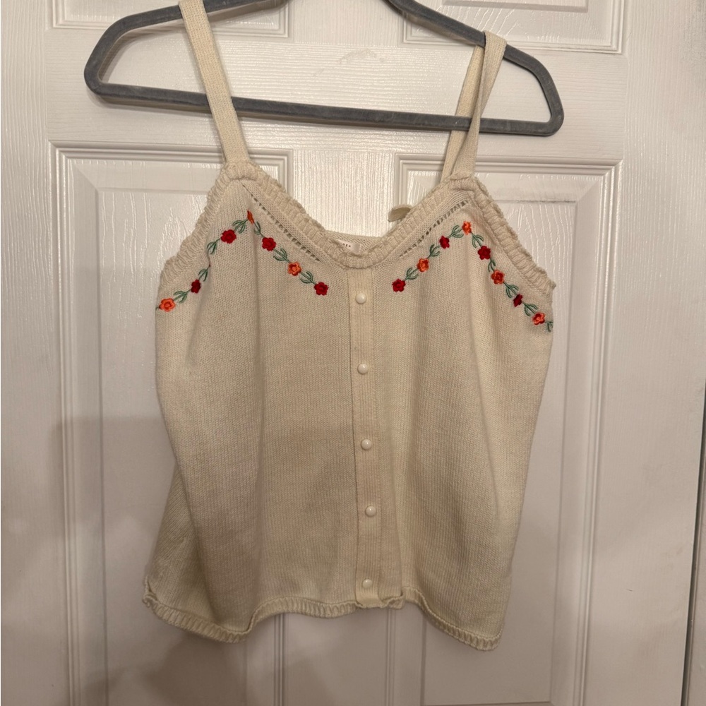 LC Lauren Conrad Cream Knit Camisole with Embroidered Red & Orange Flowers